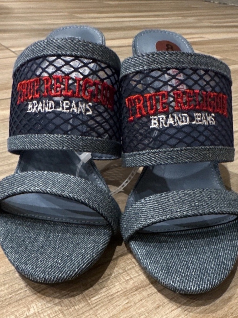 True Religion Women’s Blue Denim Embroidered Open Toe Mule Stiletto Heels US 8